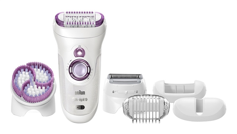 Tělový epilátor nástavec Epilátor Braun Silk-épil 9 SPA verze. Součástí je i nástavec na tělo. Je to fialový kartáč.